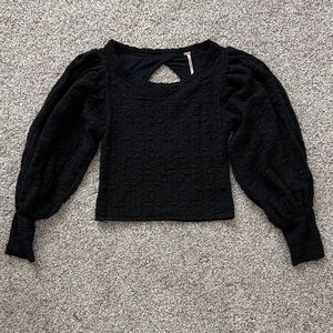 Free People Black Textured Puff Sleeve Top